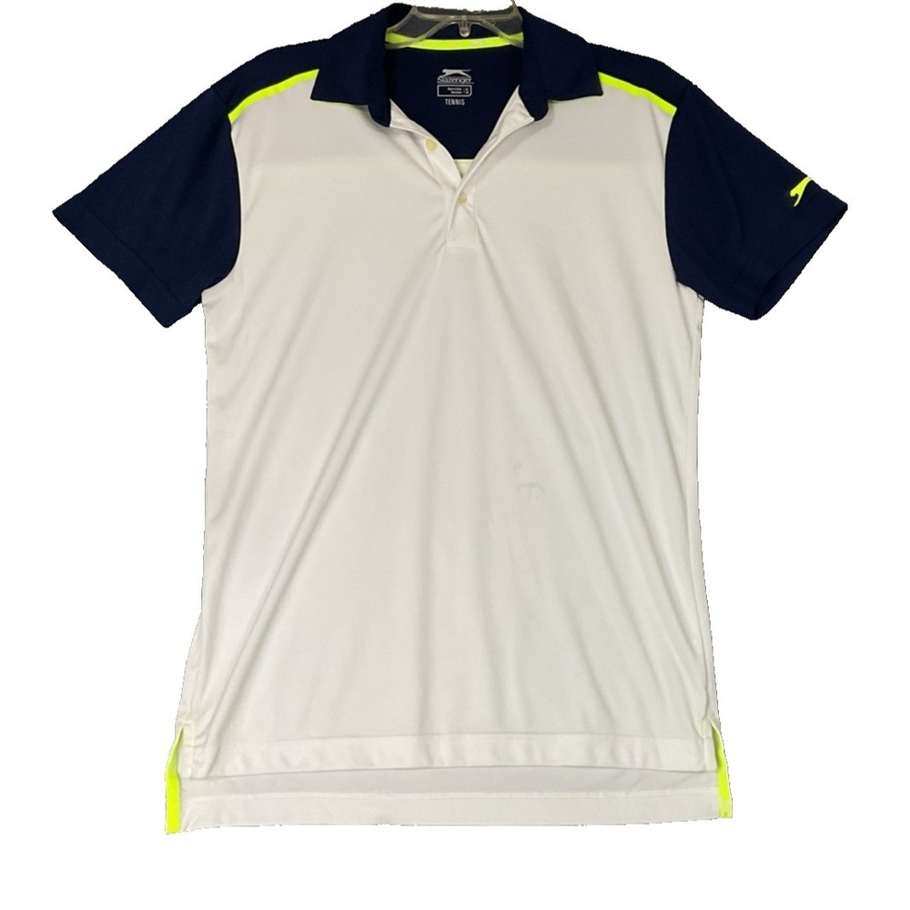 Slazenger Men's Tennis Small Polo White Blue & Green Short Sleeve Golf Shirt EUC